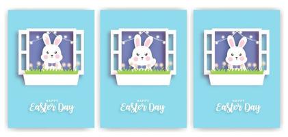 Set of Easter day cards with cute rabbit in paper cut style. vector