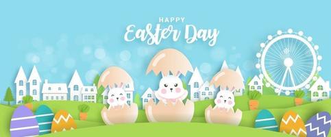 tarjeta del día de pascua y fondo con lindos conejos y huevos de pascua. vector