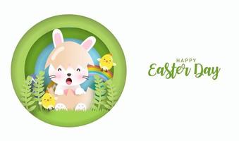 Easter day background and banner with cute rabbits and easter eggs. vector