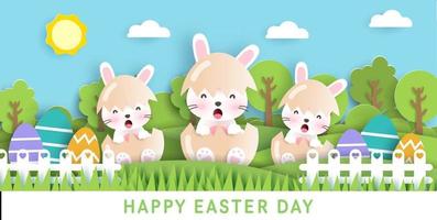 tarjeta del día de pascua con lindos conejos y huevos de pascua. vector
