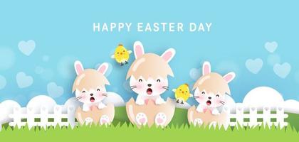 Easter day background and banner with cute rabbits and easter eggs. vector