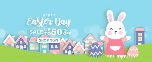 Easter day background and banner with cute rabbits and easter eggs. vector