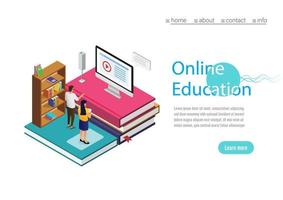 Online training, workshops and courses visualization flat 3d web isometric concept vector landing page template. Online Education with computer. Vector Illustration.