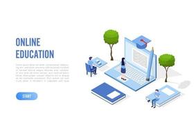 Banner de concepto de educación en línea con personajes. Puede utilizar para banner web, infografías, imágenes de héroes. ilustración vectorial isométrica plana aislada sobre fondo blanco. vector