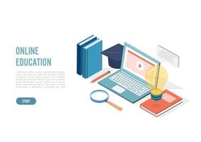 concepto de educación en línea isométrica, e learning y cursos para adultos. escuela de idiomas a distancia. Ilustración de vector 3d moderno para sitio web, diseño de banner, video tutorial, plantilla de página de destino