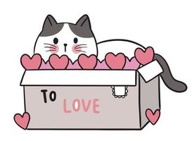 Hand draw cartoon cute Valentine day, Cat in the box vector. vector