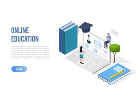 Banner de concepto de educación en línea con personajes. Puede utilizar para banner web, infografías, imágenes de héroes. ilustración vectorial isométrica plana aislada sobre fondo blanco. vector