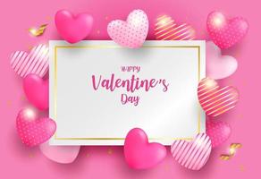 Happy Valentine day background. Design with pink, gold heart  and gold foil confetti on pink background. Vector. vector