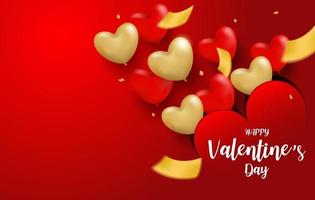 feliz dia de san valentin. diseño con globos de corazón rojo, dorado y confeti de lámina de oro sobre fondo rojo. vector. vector