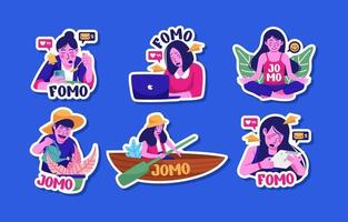 fomo vs jomo conjunto de pegatinas vector