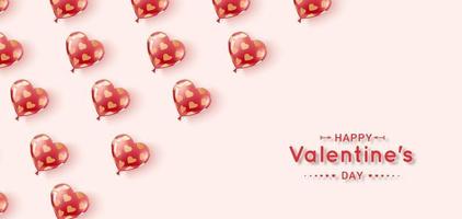 Flying gel balloons of red and pink colors with pattern of gold hearts. vector
