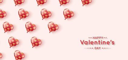 Flying gel balloons of red and pink colors with pattern of gold hearts. vector