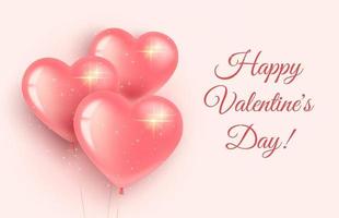 Greeting card banner for Valentines Day and International Womens Day. Three pink heart-shaped balloons with sparkles. On a pink background. 3d realistic style. vector