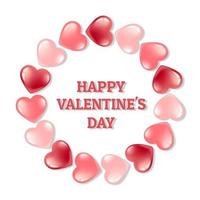 Card banner with a round frame of pink hearts on a white background. Postcard for Valentines Day and International Womens Day. In a 3D realistic style. vector