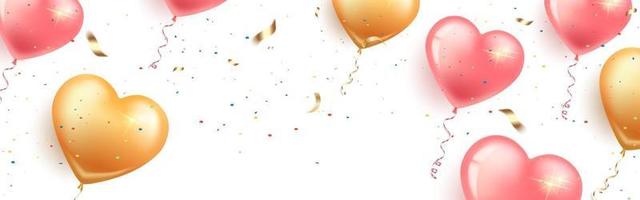 banner horizontal festivo con globos en forma de corazón de color rosa y oro, confeti y serpentina. tarjeta de feliz cumpleaños, día de la mujer, día de san valentín, boda. fondo blanco aislado. vector