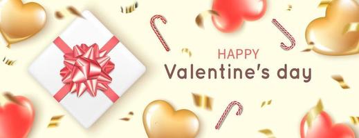 Banner con globos de corazón, regalos y bastones de caramelo para San Valentín. vector