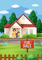 Outdoor scene with family standing in front of a house for sale vector