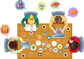 Top view office desk with officer and social media icons on white background vector