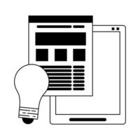Tablet and website with bulb light symbols in black and white vector
