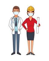 doctor and female architect using face masks vector