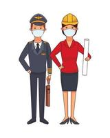 pilot and architect using face masks vector