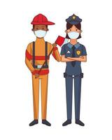 firefighter and female police using face masks vector