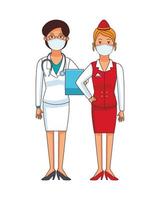 female doctor and stewardess using face mask vector