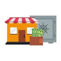 Store shop with strongbox and wallet with money symbols vector