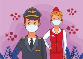 pilot worker and stewardess using face masks vector