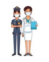 female doctor and police using face mask vector