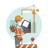 construction worker with sign using face mask for covid19 vector