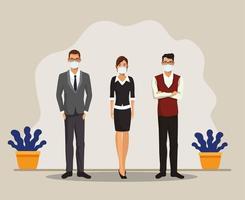 business people working and wearing medical masks vector