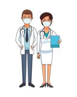 doctors couple using face masks vector