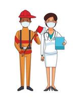 female doctor and firefighter using face mask vector