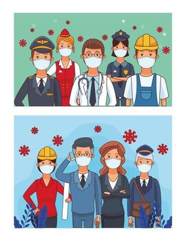 grupo de trabajadores que usan mascarillas para covid19 vector