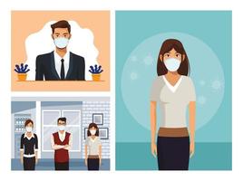 business people working and wearing medical masks vector