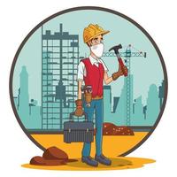 builder with hammer using face mask for covid19 vector