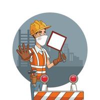 construction worker with sign using face mask for covid19 vector