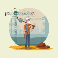 construction worker with shovel using face mask for covid19 vector