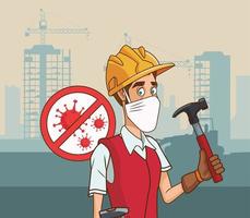 builder with hammer using face mask for covid19 vector