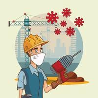 Construction worker with drill using face mask for covid19 vector