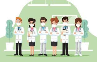 group of doctors wearing medical masks vector