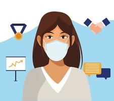 mujer de negocios, trabajando, y, llevando, máscara médica vector