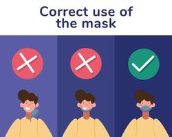 Correct use of face mask for coronavirus prevention vector