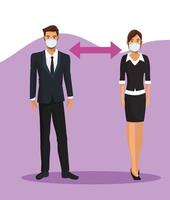 business couple working and wearing medical masks vector