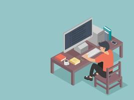 man studying sitting at desk Concept vector