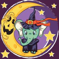 Halloween greeting card with cute elephant. Cartoon style. Vector illustration