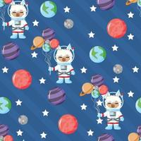 Cute llama astronaut in open space seamless pattern with planet
