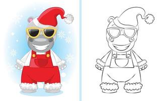 Cute cartoon hippo boy in red overalls with a santa hat. illustration for children coloring book. vector