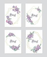 Wedding floral invitation, invite, save the date template. Vector elegant botanical card design with purple plants, cute wax flower green forest fern leaves with golden geometrical frame